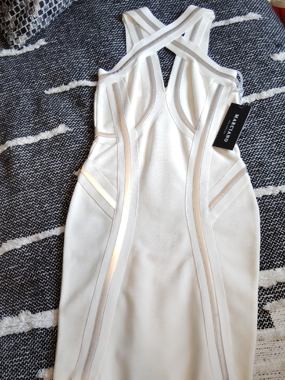 Marciano Ivory One-Shoulder Bodycon Dress with Metallic Trim NWT $178 S